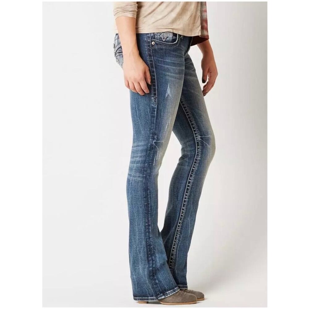Rock Revival Women’s Sz 28 Alivia Straight Leg Mid Rise Jeans Embroidered Denim